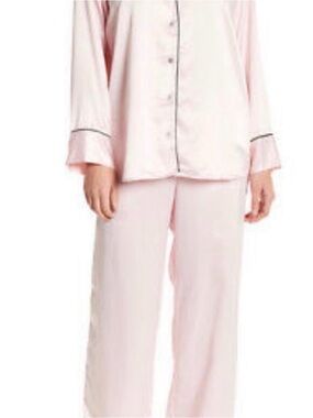 Natori Satin Pajama Set in Light Blush with Black Piping